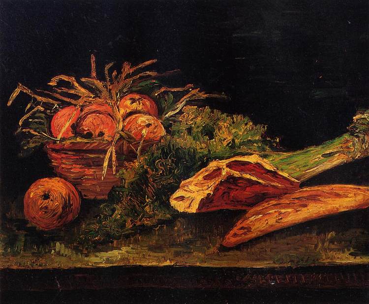 静物与苹果，肉和一个卷 Still Life with Apples, Meat and a Roll (1886; Paris,France  )，文森特·梵高