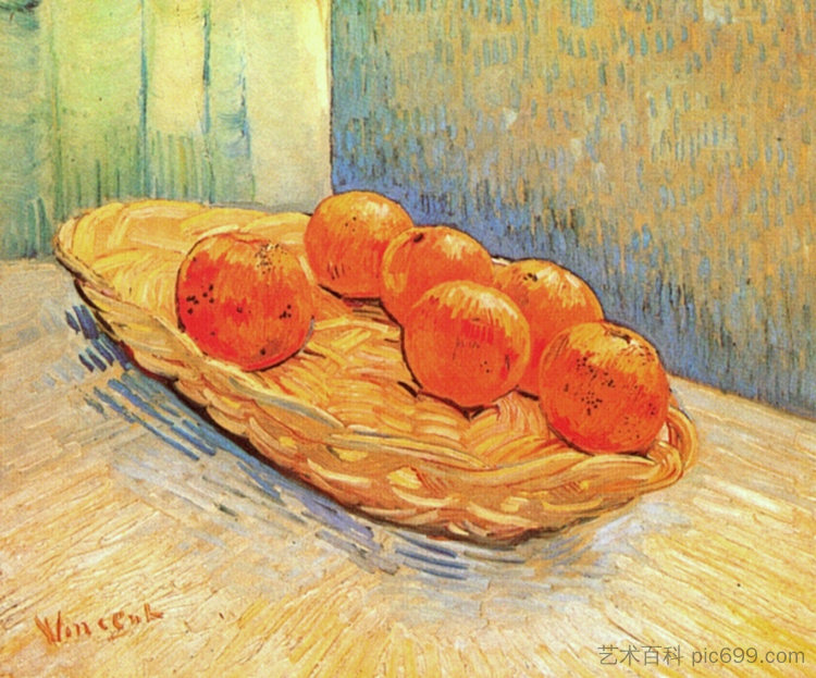 静物与篮子和六个橙子 Still Life with Basket and Six Oranges (1888; Arles,Bouches-du-Rhône,France  )，文森特·梵高