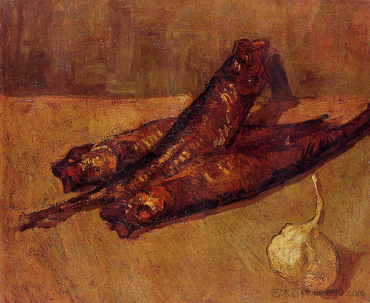静物与膨胀和大蒜 Still Life with Bloaters and Garlic (1887; Paris,France ),文森特·梵高