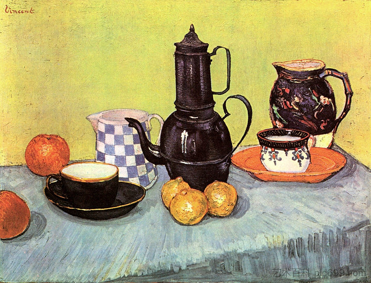 静物与蓝色珐琅咖啡壶，陶器和水果 Still Life with Blue Enamel Coffeepot, Earthenware and Fruit (1888; Arles,Bouches-du-Rhône,France  )，文森特·梵高