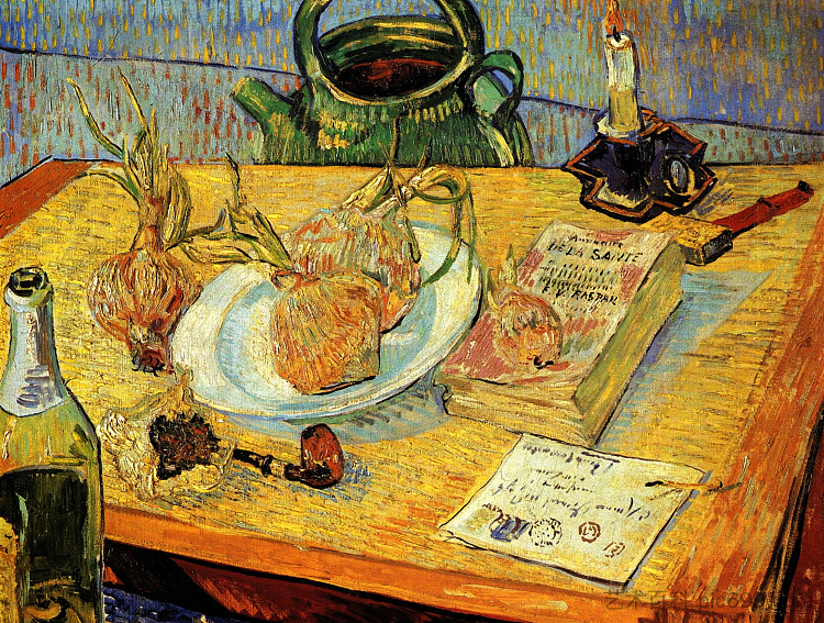 静物与绘图板，管道，洋葱和密封蜡 Still Life with Drawing Board, Pipe, Onions and Sealing-Wax (1889; Arles,Bouches-du-Rhône,France  )，文森特·梵高