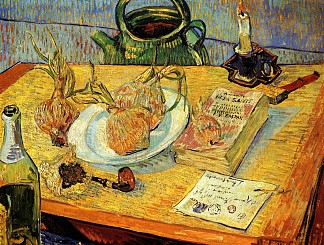 静物与绘图板，管道，洋葱和密封蜡 Still Life with Drawing Board, Pipe, Onions and Sealing-Wax (1889; Arles,Bouches-du-Rhône,France                     )，文森特·梵高