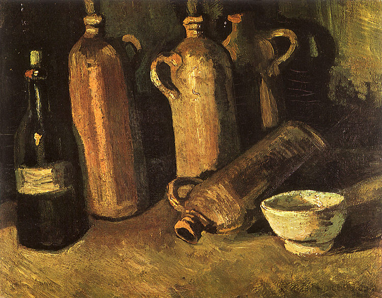 Still Life with Four Stone Bottles, Flask and White Cup Still Life with Four Stone Bottles, Flask and White Cup (1884; Nunen / Nuenen,Netherlands  )，文森特·梵高