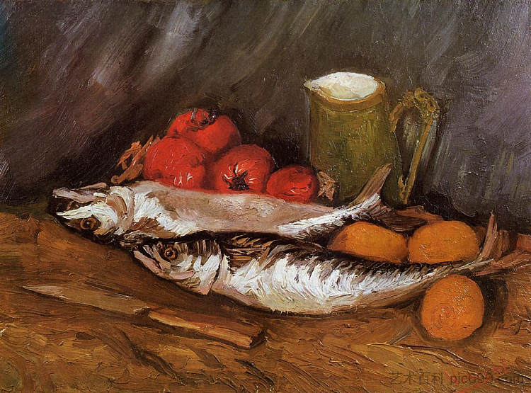 静物与鲭鱼，柠檬和西红柿 Still Life with Mackerels, Lemons and Tomatoes (1886; Paris,France  )，文森特·梵高