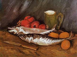 静物与鲭鱼，柠檬和西红柿 Still Life with Mackerels, Lemons and Tomatoes (1886; Paris,France                     )，文森特·梵高