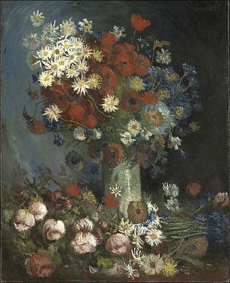 草甸花朵和玫瑰的静物画 Still life with meadow flowers and roses (1886; Antwerpen / Antwerp / Anvers,Belgium                     )，文森特·梵高