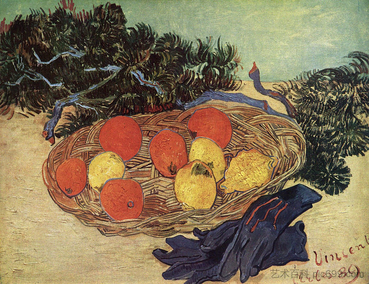 静物与橙子和柠檬与蓝色手套 Still Life with Oranges and Lemons with Blue Gloves (1889; Arles,Bouches-du-Rhône,France  )，文森特·梵高