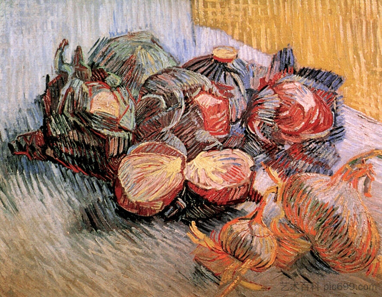 静物与红卷心菜和洋葱 Still Life with Red Cabbages and Onions (1887; Paris,France  )，文森特·梵高