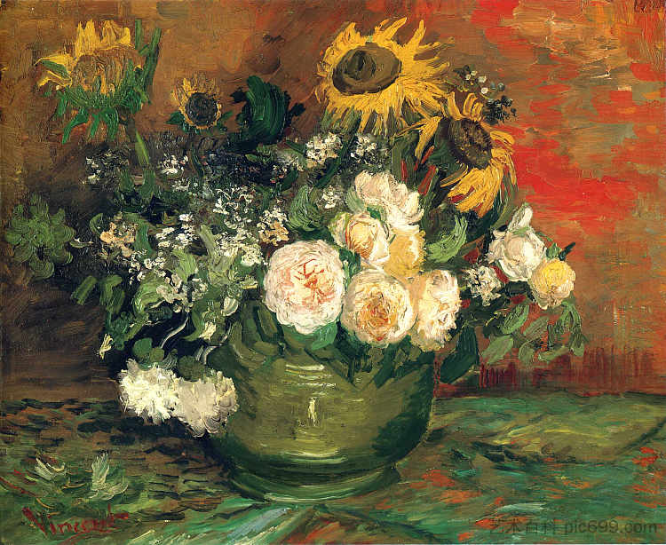 静物与玫瑰和向日葵 Still Life with Roses and Sunflowers (1886; Paris,France  )，文森特·梵高