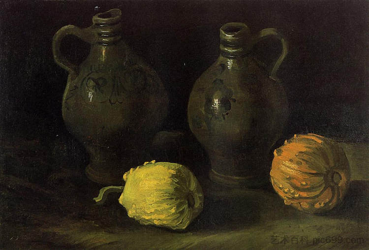 两个罐子和两个南瓜的静物画 Still Life with Two Jars and Two Pumpkins (1885; Nunen / Nuenen,Netherlands  )，文森特·梵高