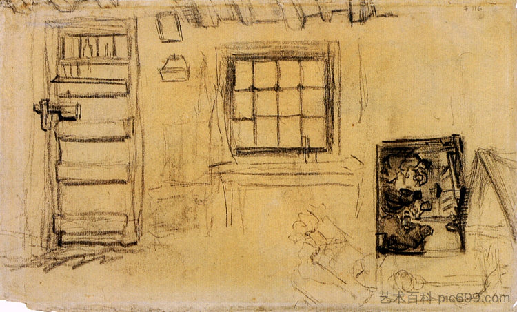 小屋内部的研究,以及吃土豆的人的素描 Studies of the Interior of a Cottage, and a Sketch of The Potato Eaters (1885; Nunen / Nuenen,Netherlands ),文森特·梵高
