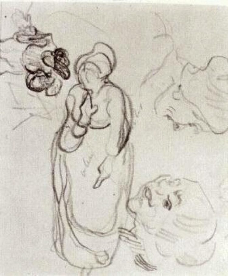 研究一个女人站着，两个头，另一个人物 Study of a Woman Standing, Two Heads, Another Figure (1890; Auvers-sur-oise,France  )，文森特·梵高