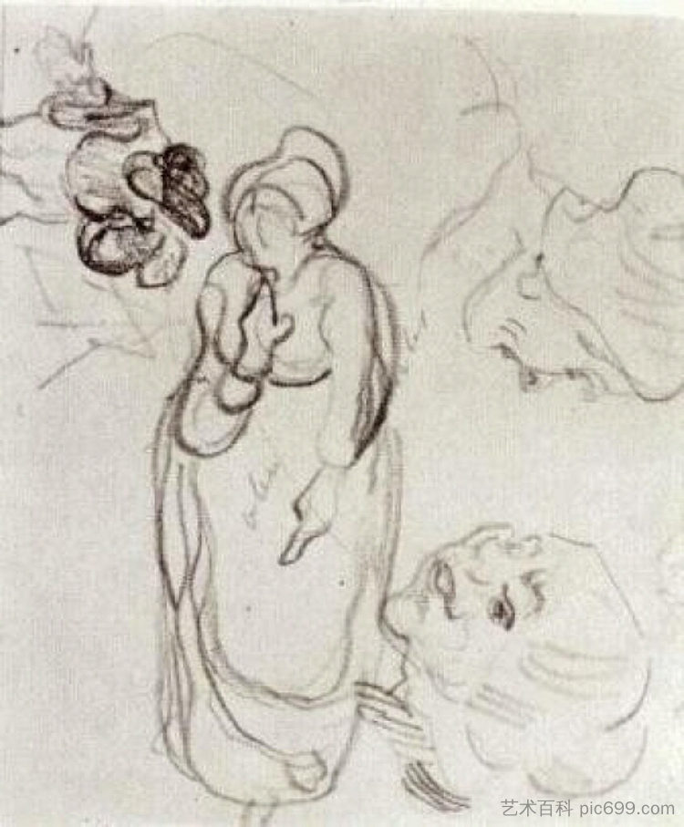 研究一个女人站着,两个头,另一个人物 Study of a Woman Standing, Two Heads, Another Figure (1890; Auvers-sur-oise,France ),文森特·梵高