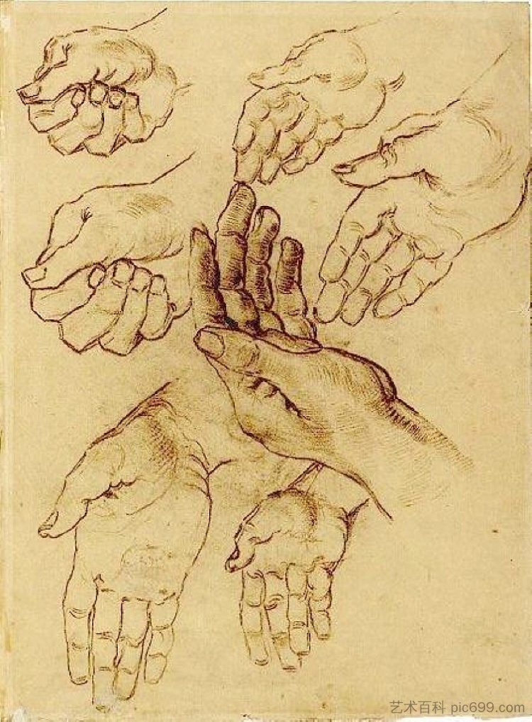 七只手学习纸 Study Sheet with Seven Hands (1885; Nunen / Nuenen,Netherlands  )，文森特·梵高