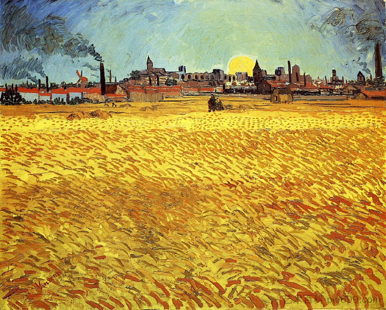 夏日傍晚，麦田与夕阳 Summer Evening, Wheatfield with Setting sun (1888; Arles,Bouches-du-Rhône,France  )，文森特·梵高