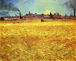 夏日傍晚，麦田与夕阳 Summer Evening, Wheatfield with Setting sun (1888; Arles,Bouches-du-Rhône,France                     )，文森特·梵高