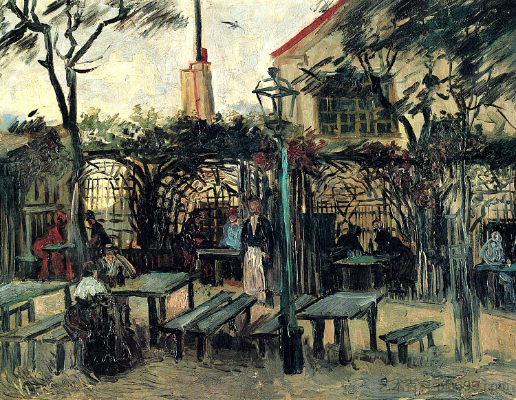 蒙马特“La Guinguette”咖啡馆的露台 Terrace of a Cafe on Montmartre "La Guinguette" (1886; Paris,France  )，文森特·梵高