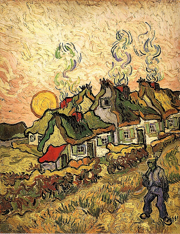 阳光下的茅草屋 北方的回忆 Thatched Cottages in the Sunshine Reminiscence of the North (1890; Saint-rémy-de-provence,France ),文森特·梵高