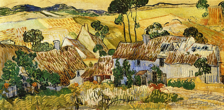 靠山的茅草屋 Thatched Houses against a Hill (1890; Saint-rémy-de-provence,France  )，文森特·梵高