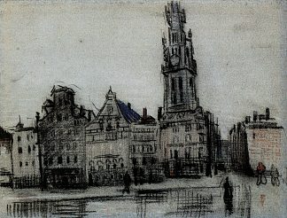 单一市场 The Grote Markt (1885; Antwerp,Belgium                     )，文森特·梵高