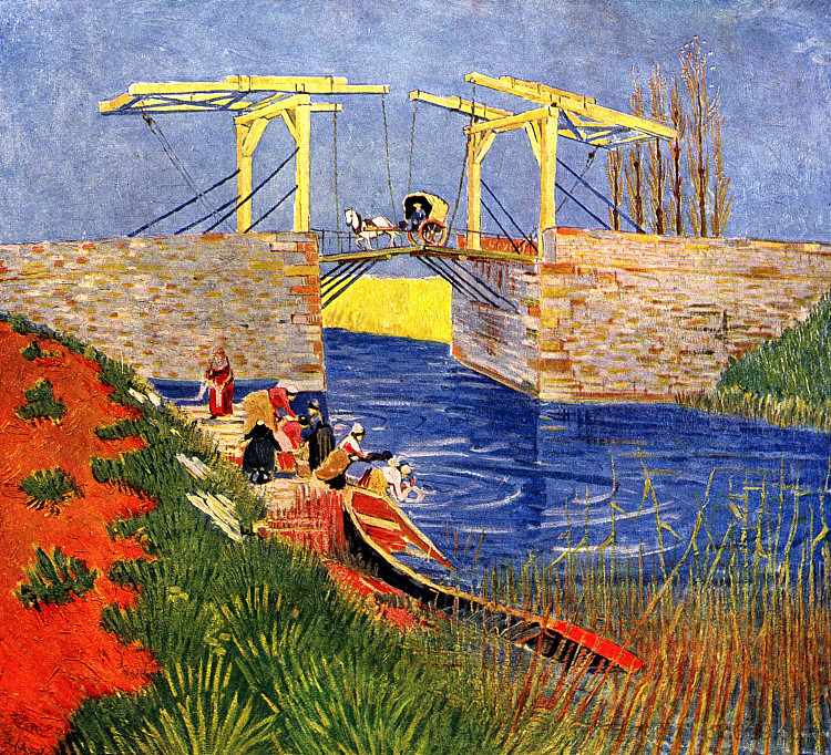 阿尔勒的朗格卢瓦桥与妇女洗涤 The Langlois Bridge at Arles with Women Washing (1888; Arles,Bouches-du-Rhône,France  )，文森特·梵高