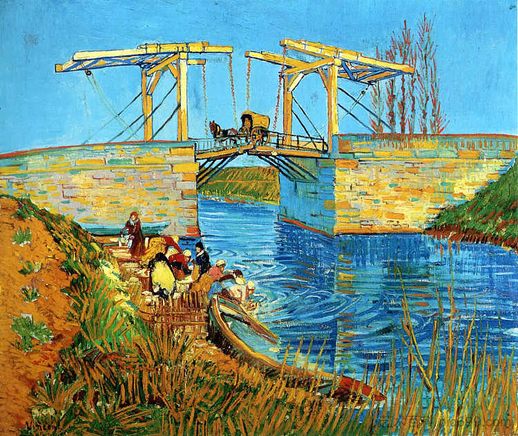 阿尔勒的朗格卢瓦桥与妇女洗涤 The Langlois Bridge at Arles with Women Washing (1888; Arles,Bouches-du-Rhône,France  )，文森特·梵高