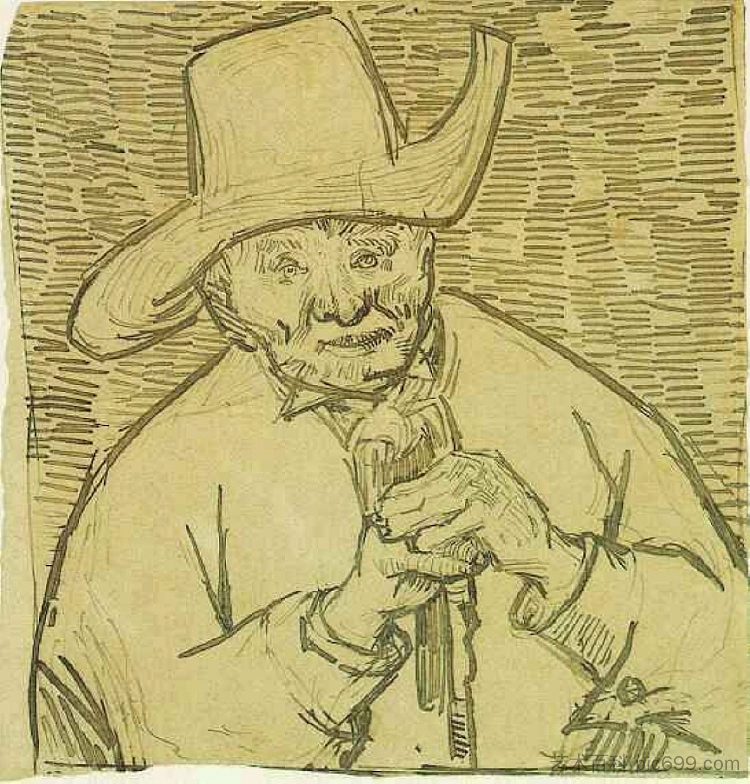 老农民耐心的扶梯与手杖，半身材 The Old Peasant Patience Escalier with Walking Stick, Half-Figure (1888; Arles,Bouches-du-Rhône,France  )，文森特·梵高