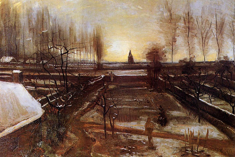 雪中纽南的牧师住宅花园 The Parsonage Garden at Nuenen in the Snow (1885; Nunen / Nuenen,Netherlands  )，文森特·梵高