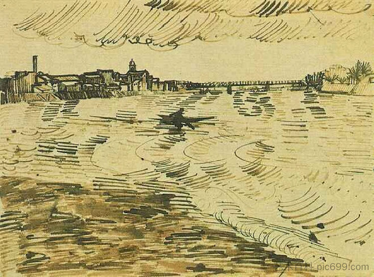 罗纳河与船和桥梁 The Rhone with Boats and a Bridge (1888; Arles,Bouches-du-Rhône,France  )，文森特·梵高