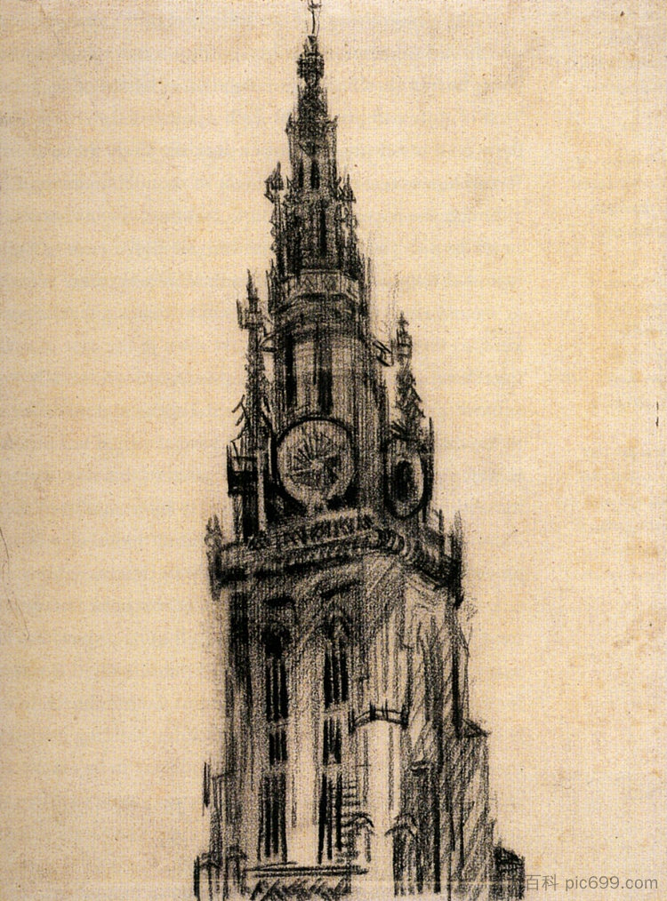 圣母教堂的尖塔 The Spire of the Church of Our Lady (1885; Antwerp,Belgium  )，文森特·梵高