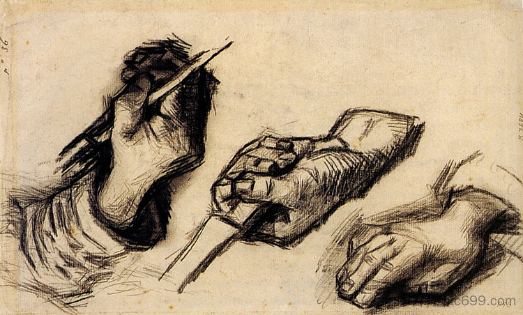 三只手，两只手刀 Three Hands, Two with Knives (c.1884; Nunen / Nuenen,Netherlands  )，文森特·梵高
