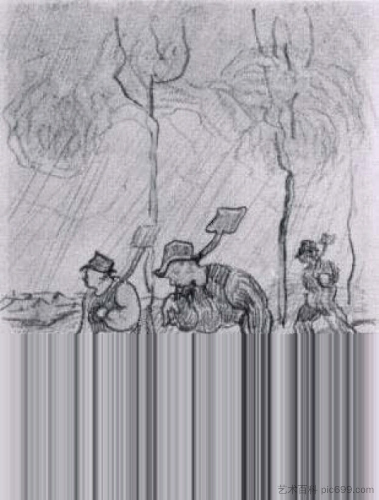 三个农民在雨中的道路上拿着铁锹 Three Peasants with Spades on a Road in the Rain (1890; Saint-rémy-de-provence,France ),文森特·梵高