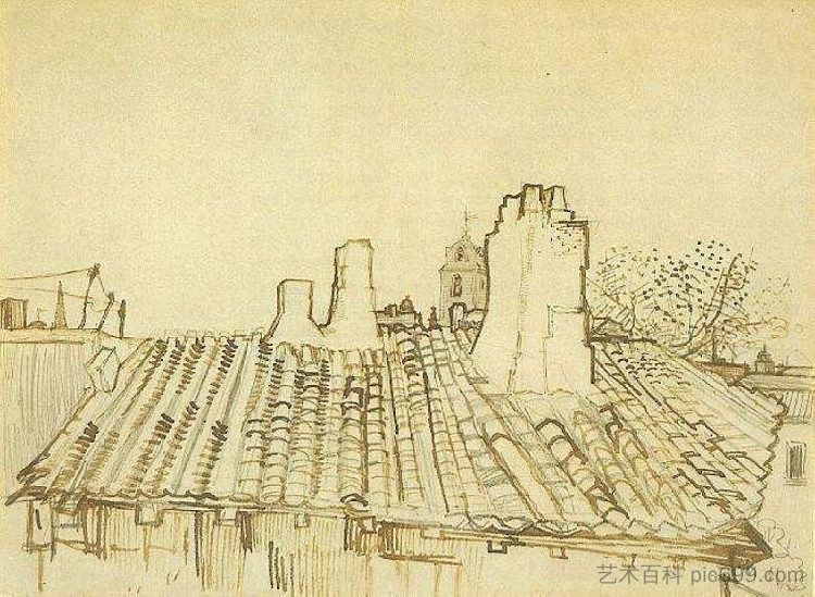 带烟囱和教堂塔楼的瓦片屋顶 Tiled Roof with Chimneys and Church Tower (1888; Arles,Bouches-du-Rhône,France  )，文森特·梵高