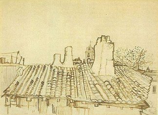 带烟囱和教堂塔楼的瓦片屋顶 Tiled Roof with Chimneys and Church Tower (1888; Arles,Bouches-du-Rhône,France                     )，文森特·梵高