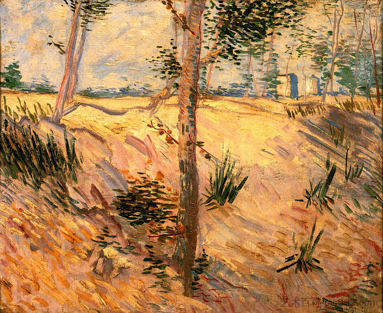 阳光明媚的日子里田野里的树 Trees in a Field on a Sunny Day (1887; Paris,France  )，文森特·梵高