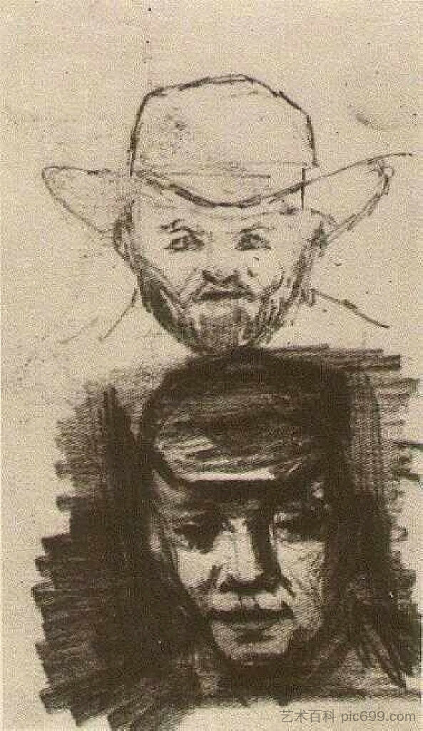 两个头人与胡须和帽子农民与帽子 Two Heads Man with Beard and Hat Peasant with Cap (1885),文森特·梵高