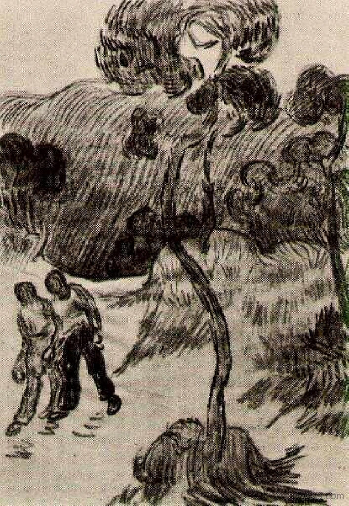 两个男人走在有树木的风景中 Two Men Walking in a Landscape with Trees (1890; Saint-rémy-de-provence,France  )，文森特·梵高