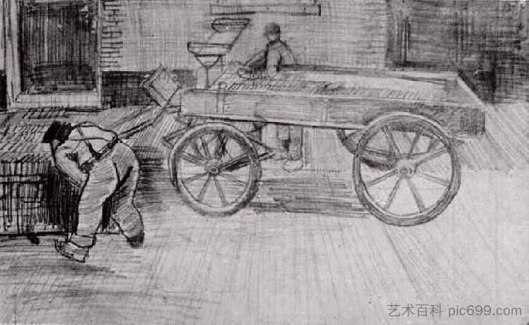 两个男人和一辆四轮马车 Two Men with a Four-Wheeled Wagon (1882; Haag / Den Haag / La Haye / The Hague,Netherlands  )，文森特·梵高