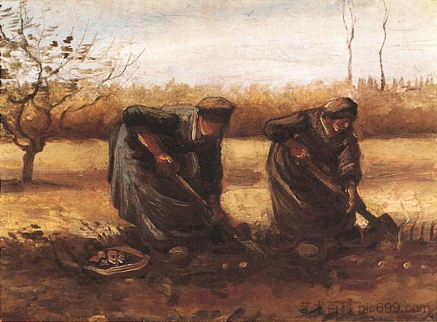 两个农妇在挖土豆 Two peasant women digging potatoes (1885; Nunen / Nuenen,Netherlands  )，文森特·梵高