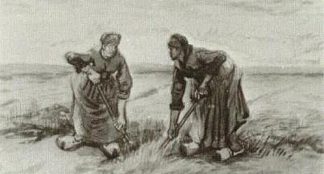 两个女人边挖边聊天 Two Women Talking to Each Other While Digging (1885; Nunen / Nuenen,Netherlands                     )，文森特·梵高