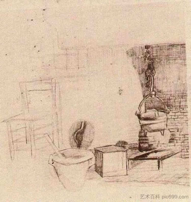 未完成的草图与一个锅在火上的内部 Unfinished Sketch of an Interior with a Pan above the Fire (1881; Netherlands  )，文森特·梵高