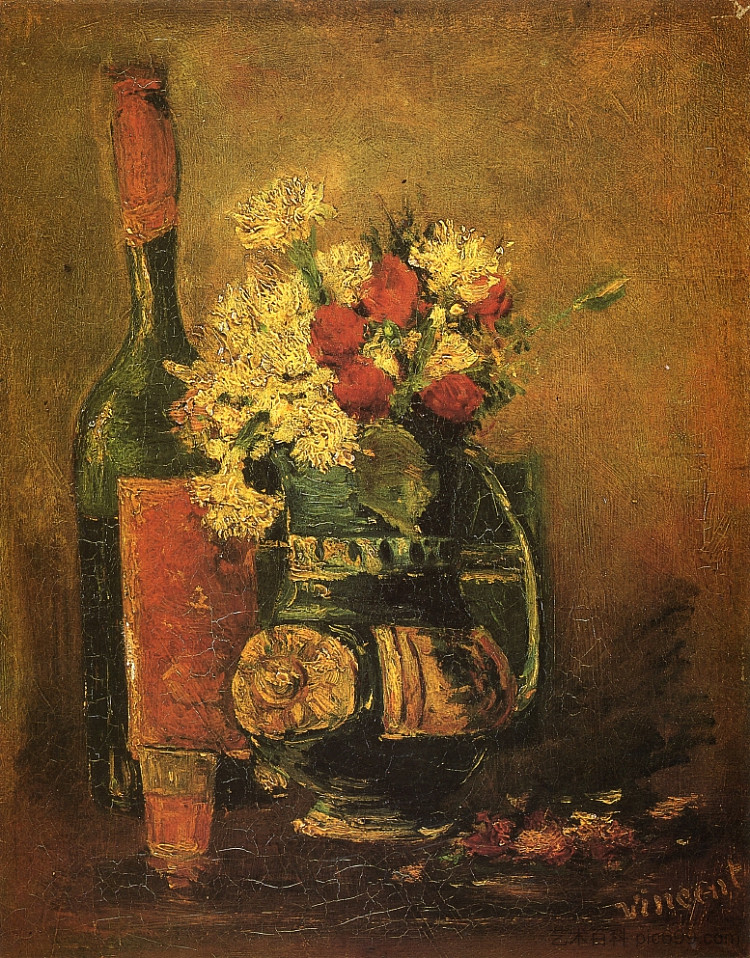 花瓶康乃馨和瓶子 Vase with Carnations and Bottle (1886; France  )，文森特·梵高