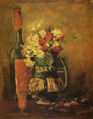 花瓶康乃馨和瓶子 Vase with Carnations and Bottle (1886; France                     )，文森特·梵高