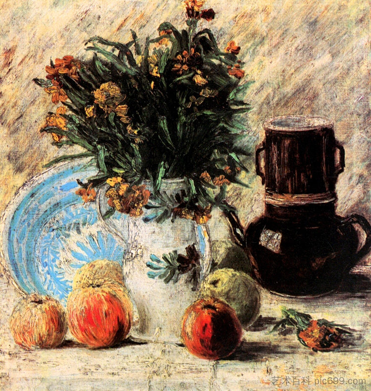 花瓶与鲜花，咖啡壶和水果 Vase with Flowers, Coffeepot and Fruit (1887; Paris,France  )，文森特·梵高