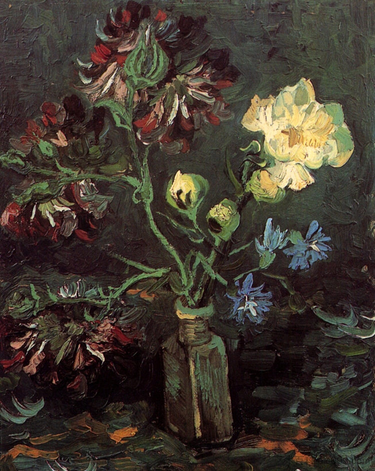 花瓶与肌炎和牡丹 Vase with Myosotis and Peonies (1886; Paris,France  )，文森特·梵高