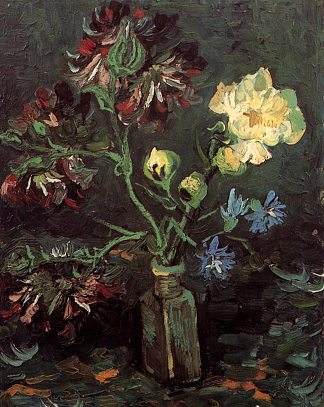花瓶与肌炎和牡丹 Vase with Myosotis and Peonies (1886; Paris,France                     )，文森特·梵高