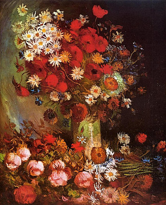 罂粟花、矢车菊、牡丹和菊花花瓶 Vase with Poppies, Cornflowers, Peonies and Chrysanthemums (1886)，文森特·梵高