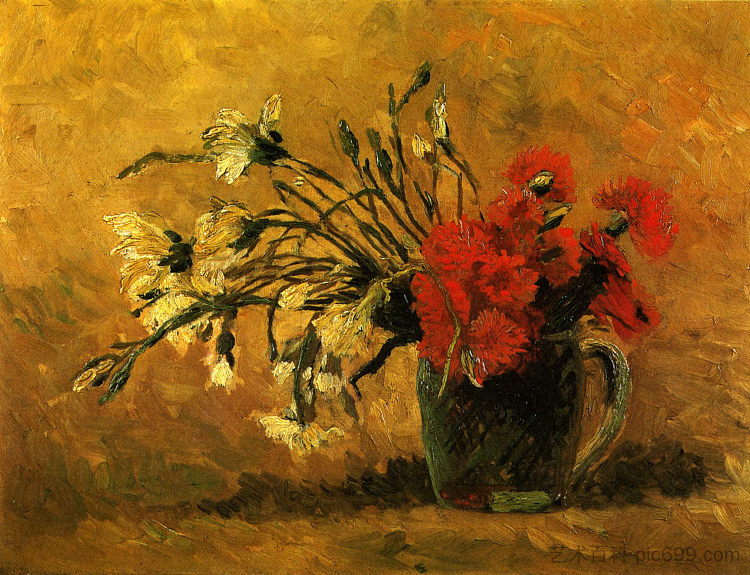 花瓶与红色和白色康乃馨在黄色背景 Vase with Red and White Carnations on a Yellow Background (1886)，文森特·梵高