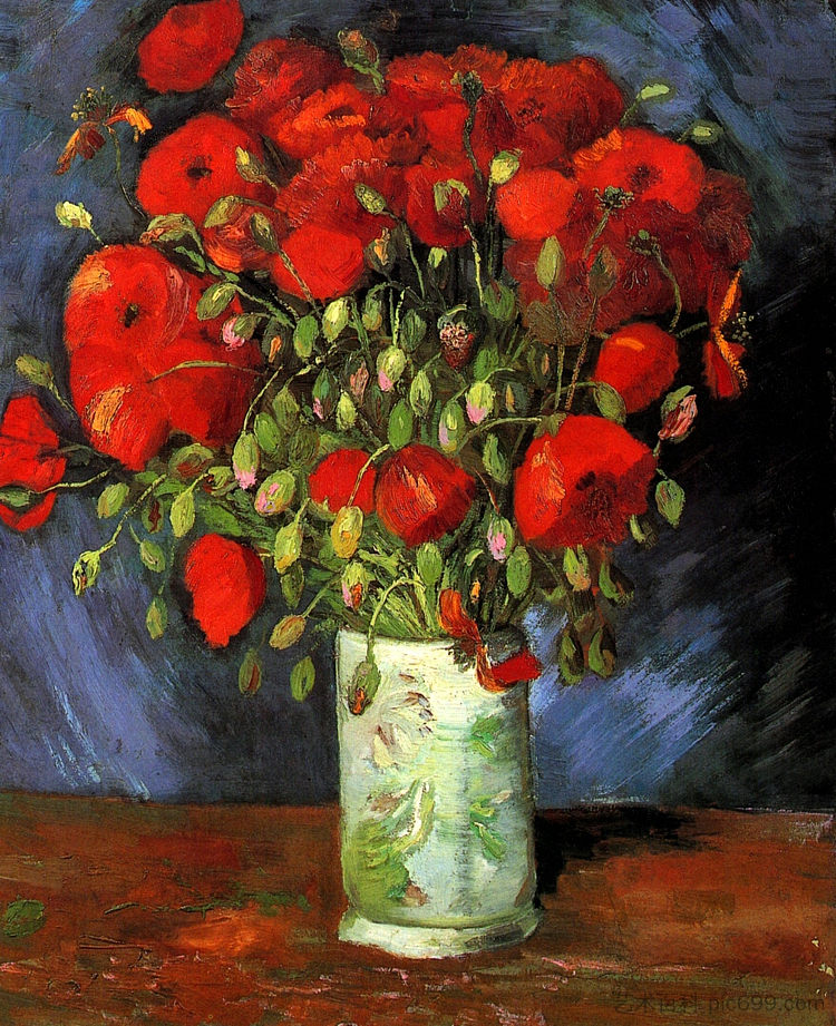 红罂粟花花瓶 Vase with Red Poppies (1886)，文森特·梵高