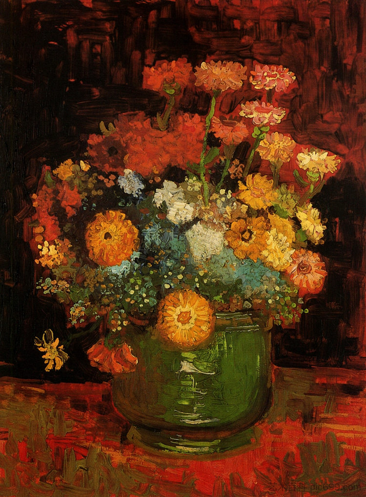 花瓶与百日菊 Vase with Zinnias (1886)，文森特·梵高